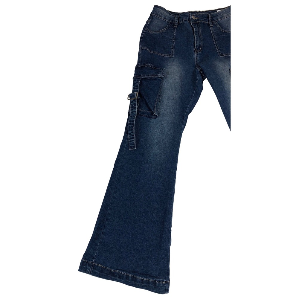 Shein Womens Petite L Dark Wash Denim Cargo Flare Jeans Buckle Strap Blue Retro - Picture 9 of 11